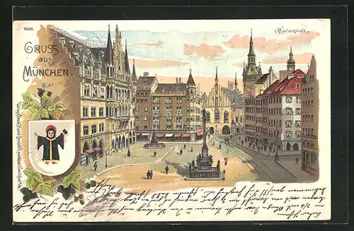 Lithographie München, Marienplatz, Kindl-Wappen