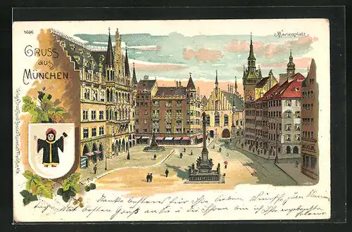 Lithographie München, Marienplatz, Kindl-Wappen
