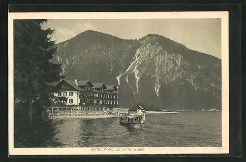 AK Breitenwang, Blick über den Plansee auf das Hotel Forelle