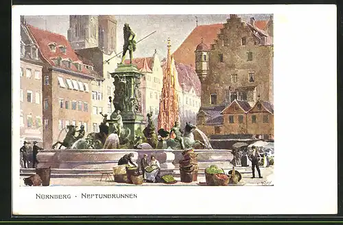 Künstler-AK Heinrich Kley: Nürnberg, Neptunbrunnen