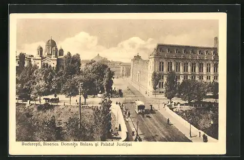 AK Bucuresti, Biserica Domnita Balasa si Palatul Justitiei, Strassenbahn