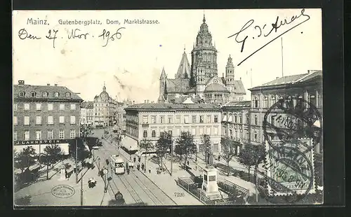 AK Mainz, Gutenbergplatz, Dom, Marktstrasse mit Geschäften und Strassenbahn