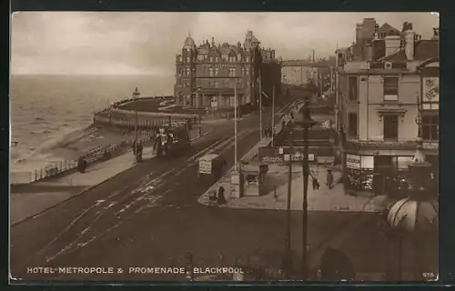AK Blackpool, Hotel Metropole & Promenade, Strassenbahn