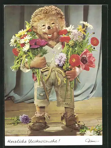 AK Mecki mit Blumensträussen und Geburtstagsgrüssen