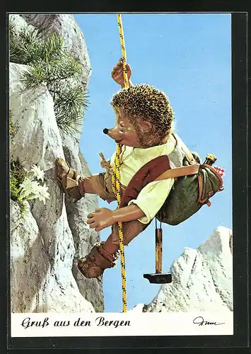 AK Mecki beim Bergsteigen an einem Strick hängend