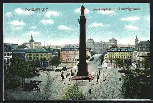 AK Darmstadt, Louisenplatz mit Ludwigssäule
