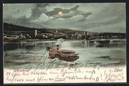 Mondschein-AK Rüdesheim, Panorama mit Dampfer