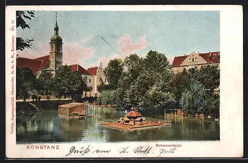 AK Konstanz, Schwanenteich mit Kirche