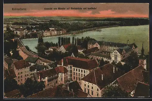 AK Konstanz, Aussicht vom Münster auf Rheinbrücke und Inselhotel