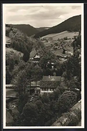 AK Alpirsbach /Schwarzw., Gasthof-Pension zum grünen Baum J. H. Stoll mit Umgebung aus der Vogelschau