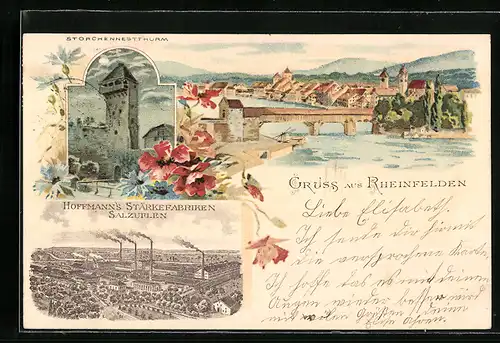 Lithographie Rheinfelden, Storchennestturm, Ortsansicht, Hoffmann's Stärkefabriken Salzuflen