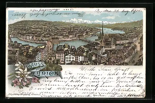 Lithographie Zürich, Totalansicht der Stadt mit Limmat