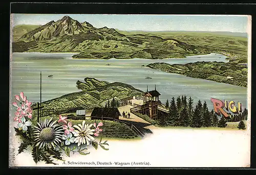 Lithographie Rigi, Panorama mit Wasser und den Bergen