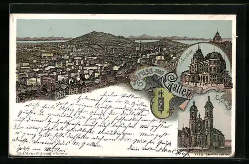 Lithographie St. Gallen, Kathedrale, Unionbank, Stadtpanorama, Wappen