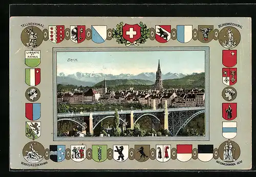 AK Bern, Stadtansicht, Kantonswappen, Telldenkmal und St. Jakobsdenkmal