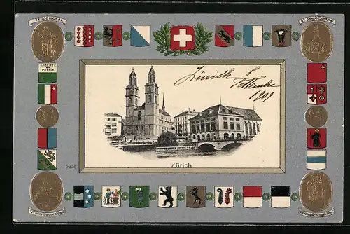 AK Zürich, Flusspartie mit Kirche, Wappen, Telldenkmal, Nationaldenkmal in Genf