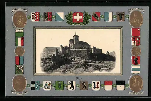 AK Sion, Notre-Dame de Valere, Telldenkmal, St.Jakob-Denkmal, Winkelrieddenkmal, Nationaldenkmal, Wappen