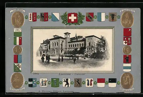 AK Lausanne, Universite und Passepartoutrahmen mit Wappen und Telidenkmal, Winkelrieddenkmal