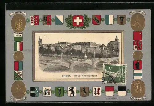 AK Basel, Neue Rheinbrücke, Wappen, Telldenkmal