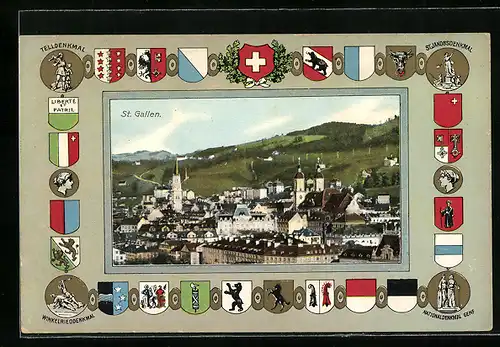 Passepartout-AK St. Gallen, Telldenkmal, Ortsansicht, Nationaldenkmal Genf, St. Jakobsdenkmal und Wappen