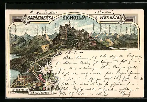 Lithographie Rigi-Kulm, Schreiber`s Hotel, Hotel Rigi Staffel