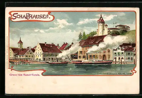 Künstler-Lithographie Schaffhausen, Munotverein, Ortspartie mit Dampfern