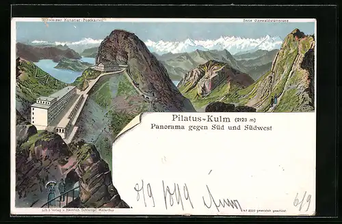 Künstler-AK C. Steinmann unsign. Nr. 2000: Pilatus-Kulm, Blick auf die Hotels und den Vierwaldstättersee