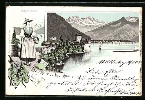 Lithographie Chillon, Ortsansicht, Costume vaudois