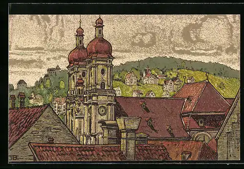 Künstler-AK St. Gallen, Blick auf die Stiftskirche