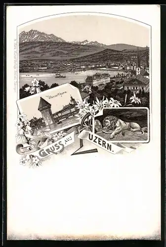 Lithographie Luzern, Ortsansicht mit Wasserthurm, Löwe