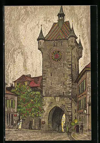 Künstler-AK Baden, Stadtturm mit Uhr und Bewohner