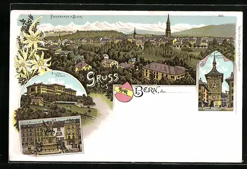 Lithographie Bern, Bundes-Palast, Erlach-Monument, Wappen