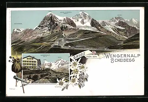 Lithographie Wengernalp-Scheidegg, Panorama mit Wetterhorn, Eiger u. Mönch, Ortspartie