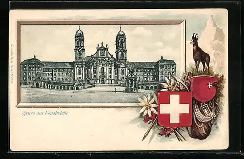 Lithographie Einsiedeln, Blick auf das Schloss, Bergziege