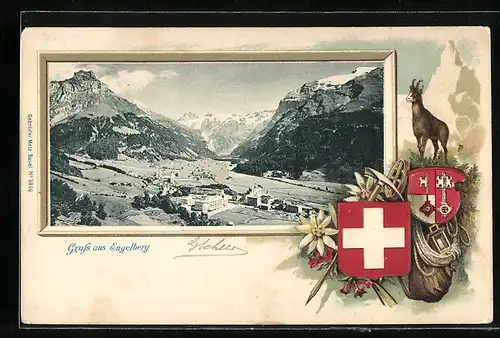AK Engelberg, Ortspartie im Gebirge, Wappen und Gemse