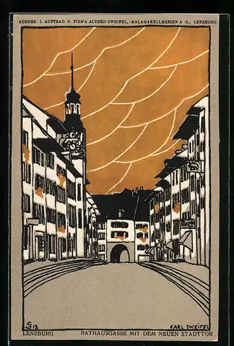Künstler-AK sign. Carl Zweifel: Lenzburg, Rathausgasse mit dem neuen Stadttor