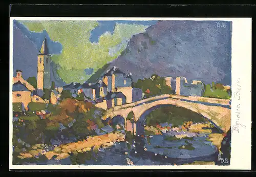 Künstler-AK Bignasco, Paese, Panorama mit Brücke