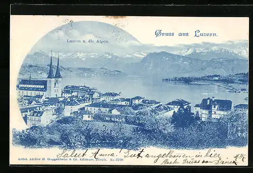 AK Luzern, Uferpartie mit Kirche und den Alpen