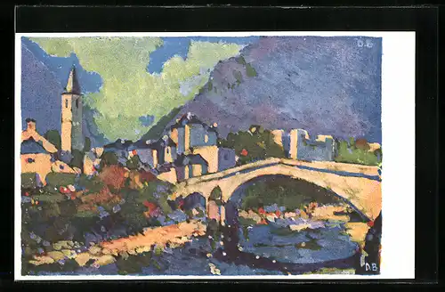 Künstler-AK Bignasco, Paese, Panorama mit Brücke