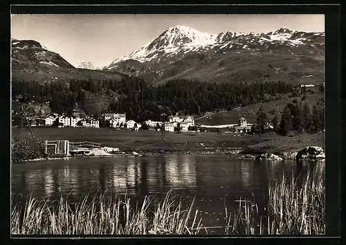 AK Champfèr /Ober-Engadin, Uferpartie mit Bergen