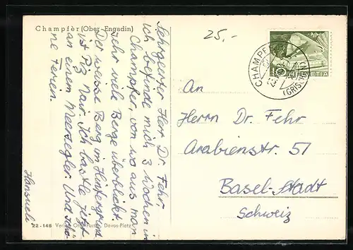 AK Champfèr /Ober-Engadin, Uferpartie mit Bergen