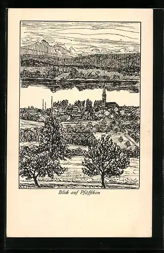 Künstler-AK Pfäffikon, Ortsansicht bei Tag