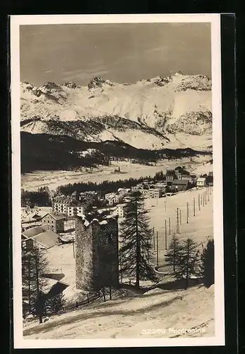 AK Pontresina, Ortsansicht mit Turmruine