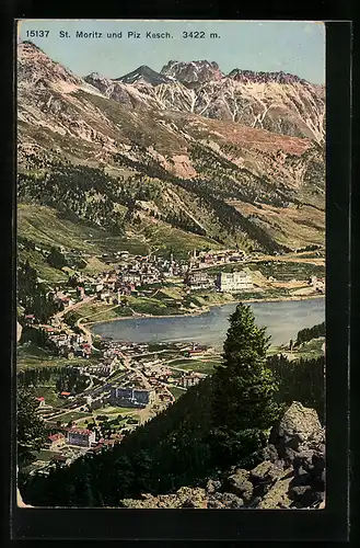 AK St. Moritz, Ortsansicht mit Piz Kesch
