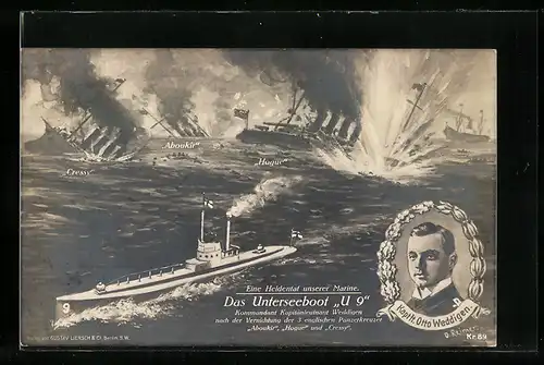 AK U-Boot U 9 unter Kapitänleutnant Weddigen nach Vernichtung der englischen Panzerkreuzer Aboukir, Hogue und Cressy
