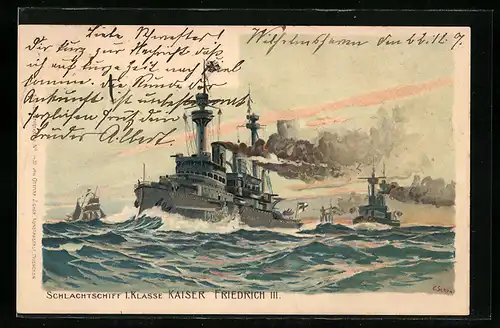 Künstler-Lithographie Schlachtschiff I. Klasse Kaiser Friedrich III.