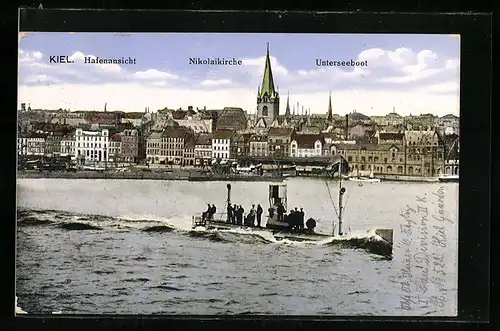 AK Kiel, Unterseeboot, Hafenansicht, Nikolaikirche