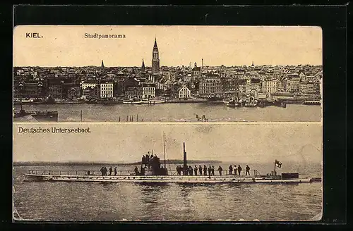 AK Kiel, Stadtpanorama, Deutsches Unterseeboot