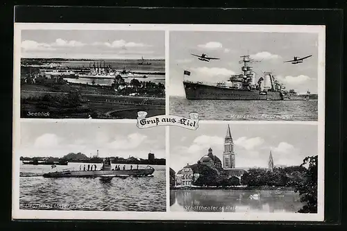 AK Kiel, Deutsches Unterseeboot, Kreuzer mit Flugzeugen, Seeblick, Stadttheater und Rathaus