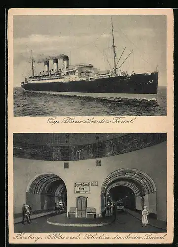 AK Das Passagierschiff Cap Polonio über dem Tunnel, Die beiden Tunneleingänge d. Elbtunnels in Hamburg